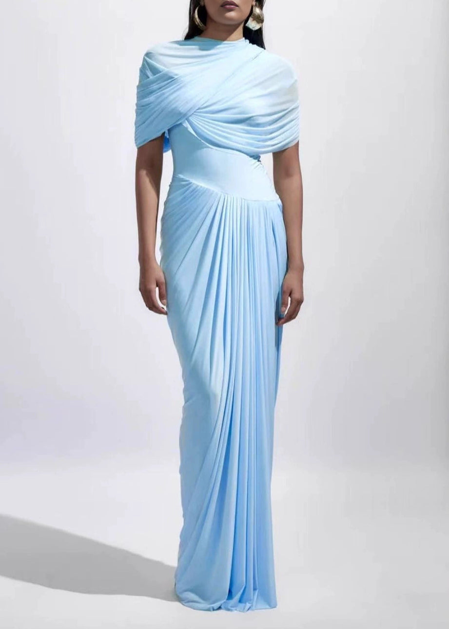 Nicoletta asymmetrical pleated maxi dress in Baby-blue