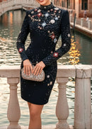 Nereus Long Sleeve Crystal Embellished Mini Dress In Black