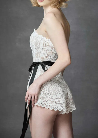 Leyati Strapless Floral Crochet Romper In White