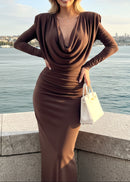 Sagebrush Long Sleeve Draped Backless Maxi Dress In Brown