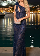 Rorah Floral One Shoulder Sequin Maxi Dress In Blue