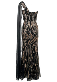 Joviana One Shoulder Sequin Maxi Dress In Black Gold