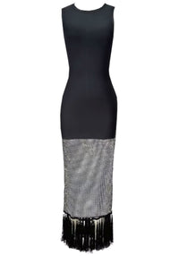 Luminis Fringe Crystal Panel Maxi Dress In Black