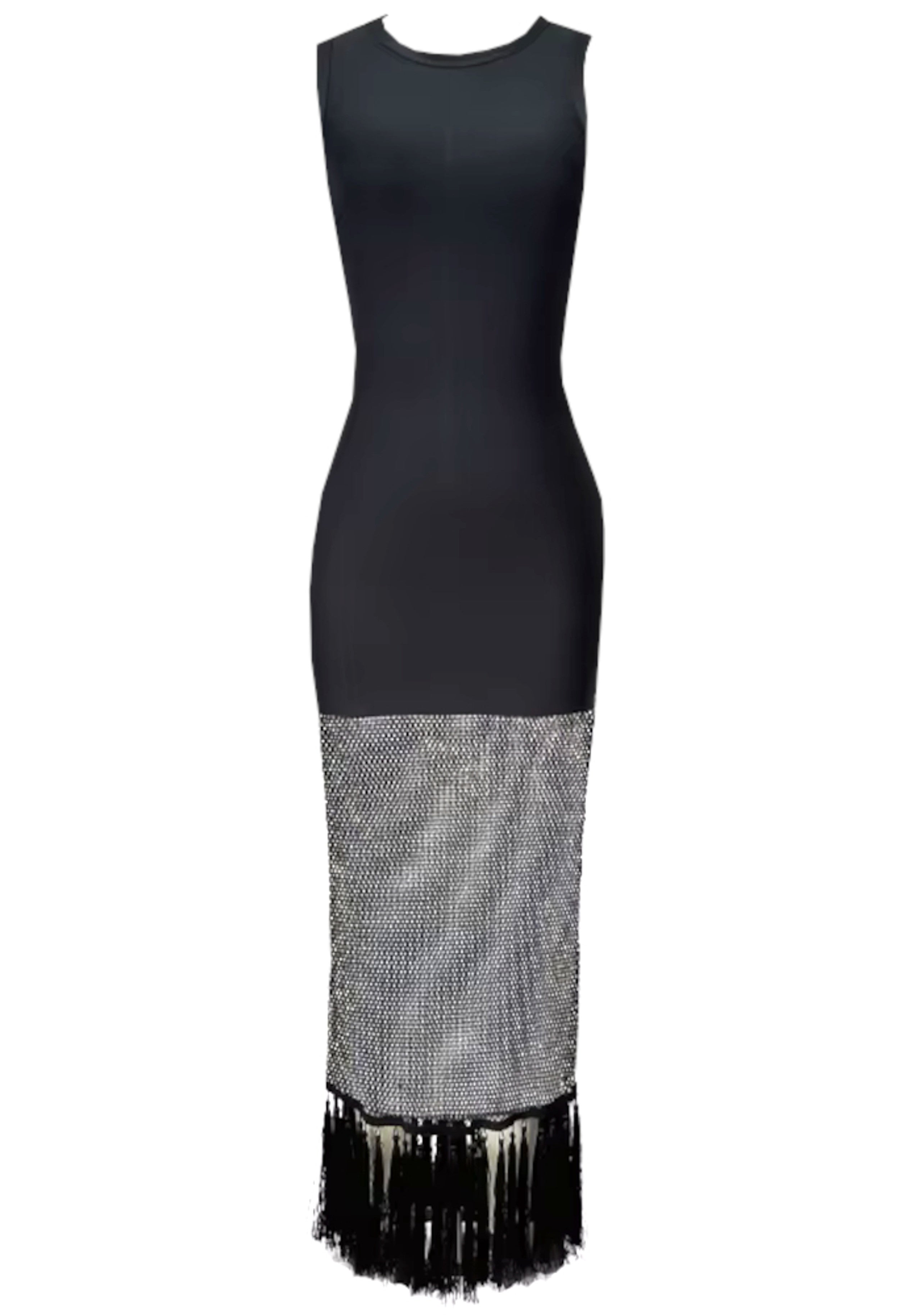 Luminis Fringe Crystal Panel Maxi Dress In Black