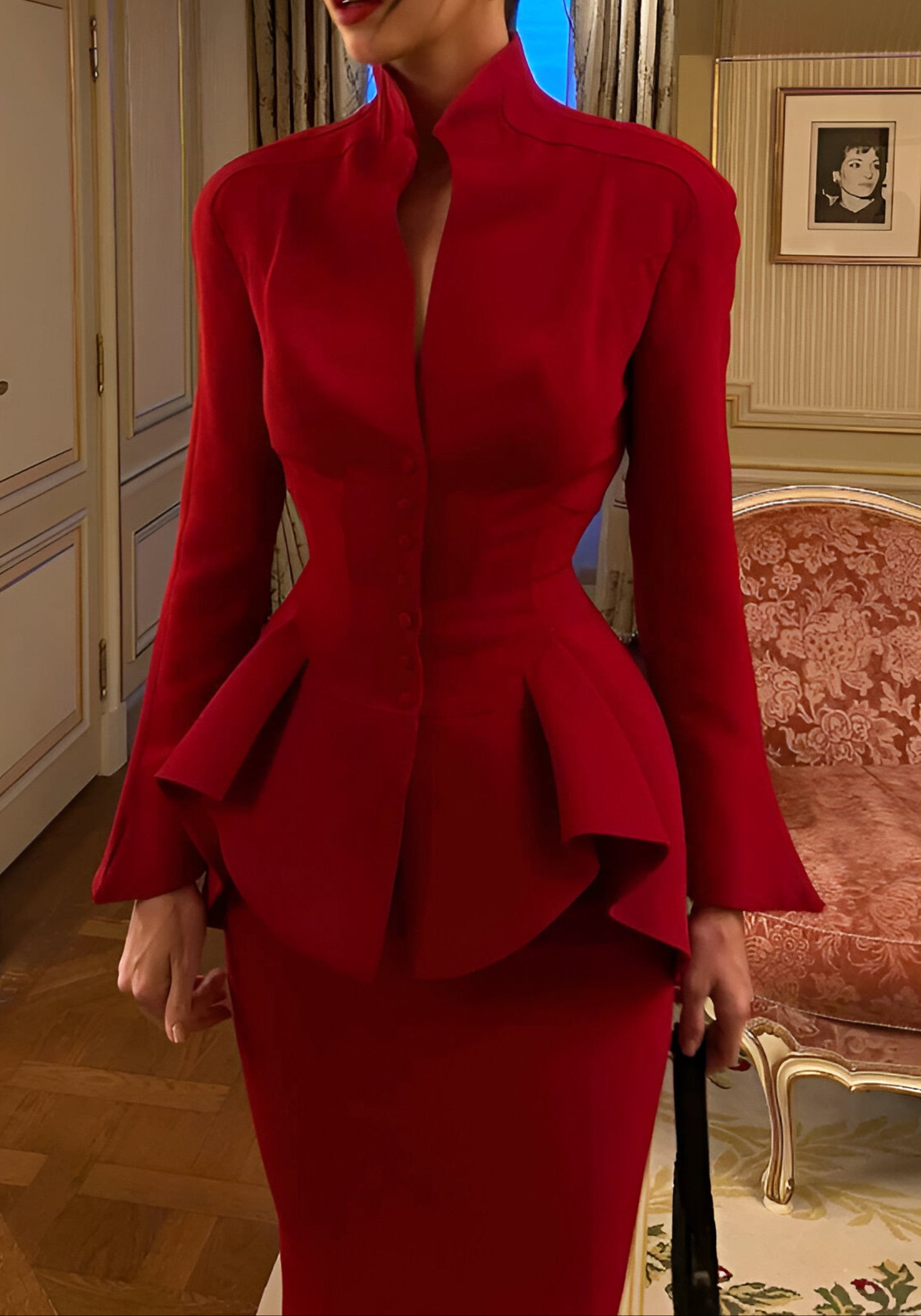 Roosje Long Sleeve Peplum Dress In Red