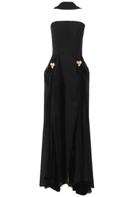 Nadalia Strapless Floral Detail Maxi Dress In Black