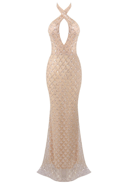 Eldrian Halter Sequin Maxi Dress In Nude