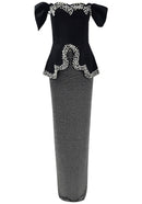 Kexmir Bardot Crystal Pearl Peplum Maxi Dress In Black