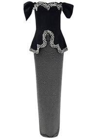 Kexmir Bardot Crystal Pearl Peplum Maxi Dress In Black