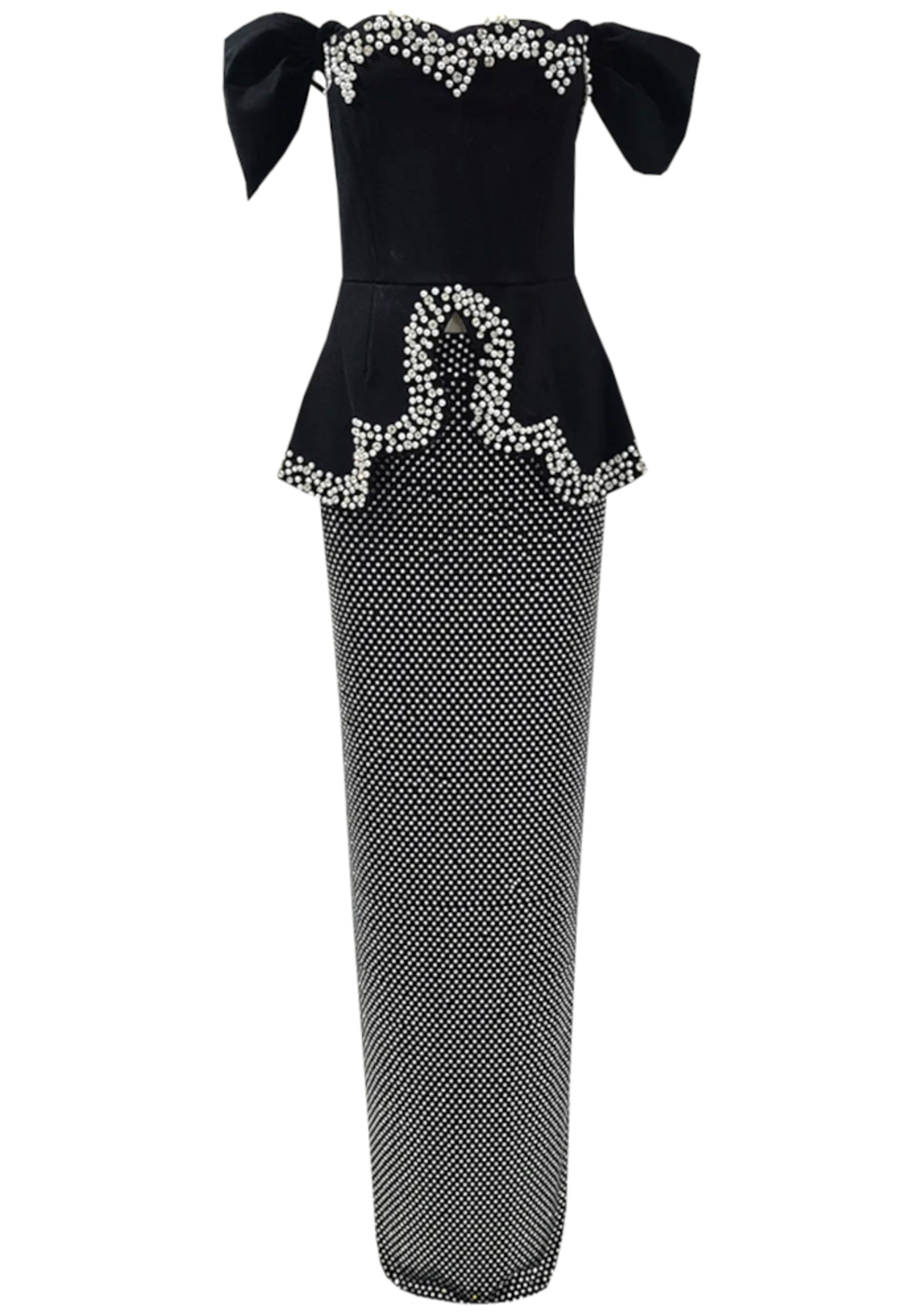 Kexmir Bardot Crystal Pearl Peplum Maxi Dress In Black