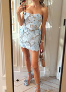 Nacho Strapless Embroidered Floral Mini Dress In Blue