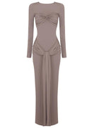 Simran Round Neck Ribbon Knot Maxi Dress In Coffee