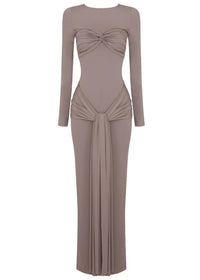 Simran Round Neck Ribbon Knot Maxi Dress In Coffee