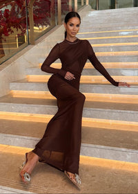 Ramesh Long Sleeve Mesh Insert Draped Maxi Dress In Brown