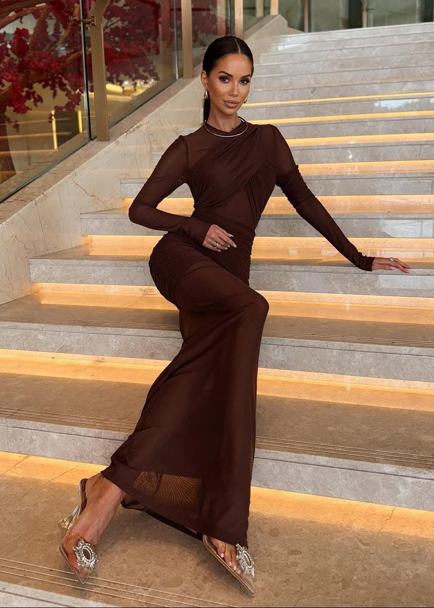 Ramesh Long Sleeve Mesh Insert Draped Maxi Dress In Brown