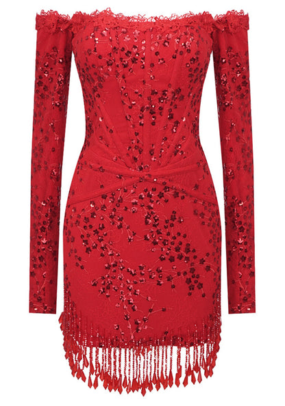 Acosta Long Sleeve Strapless Sequin Tassel Dress In Red