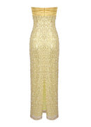 Larisa Satin Sequin Pearls Beaded Maxi Dress In Gold