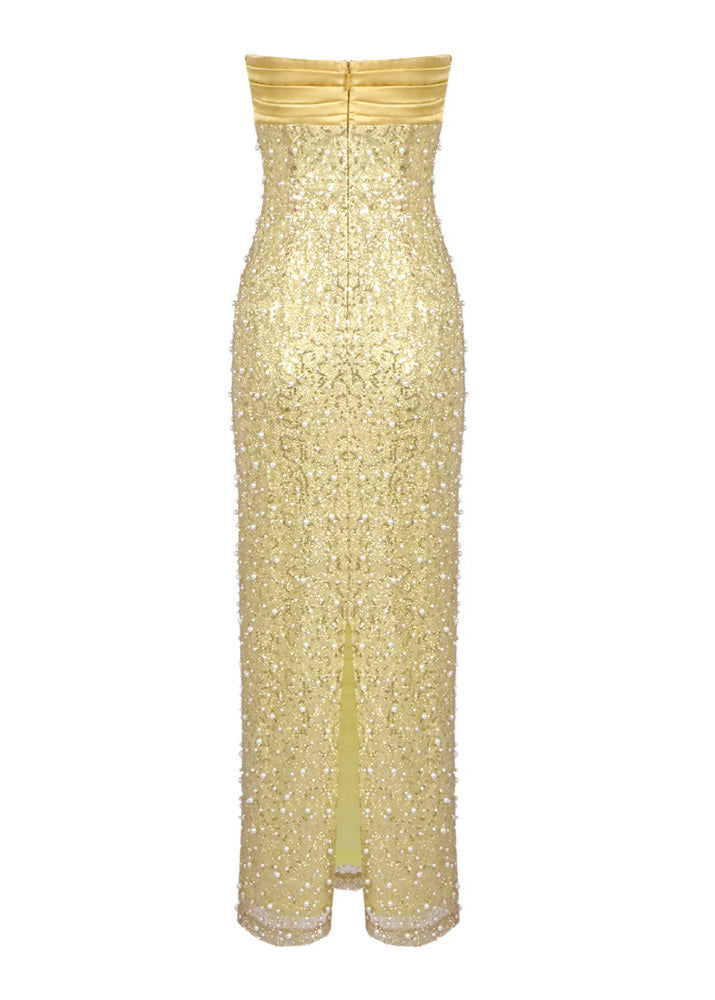Larisa Satin Sequin Pearls Beaded Maxi Dress In Gold