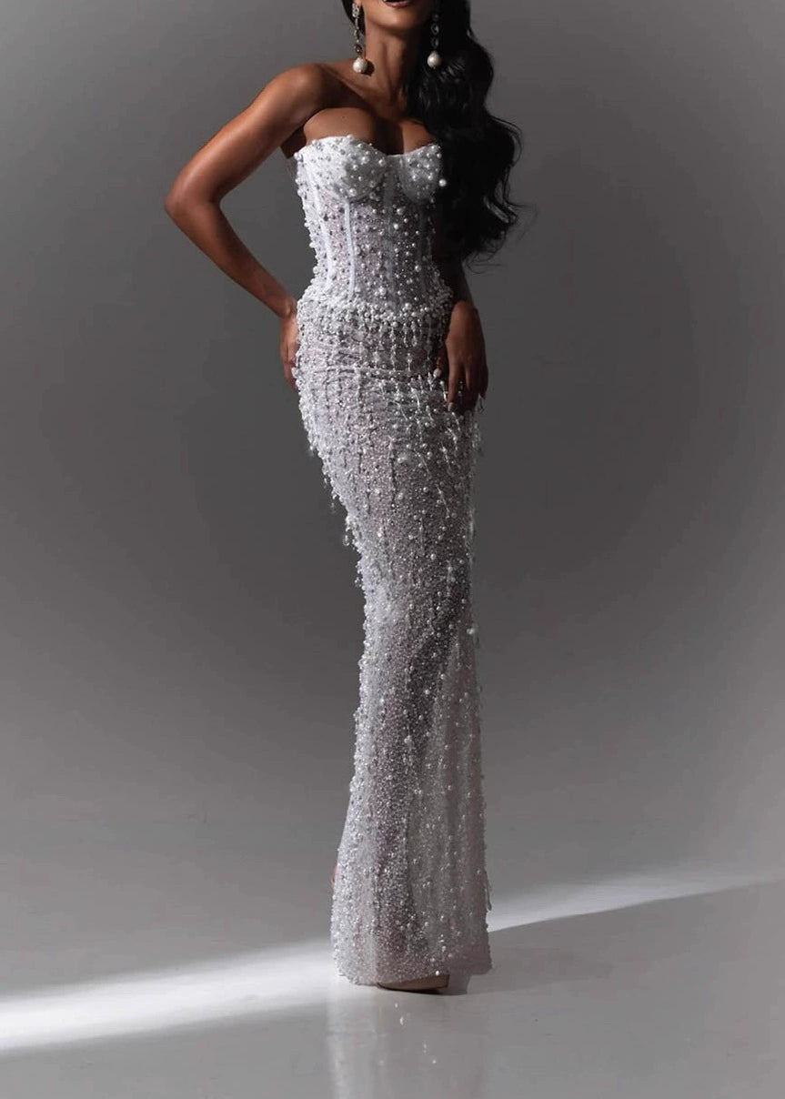 sequin corset maxi dress Sophia Silver Sequin Corset Maxi Dress with 3D Petals, L / Silver