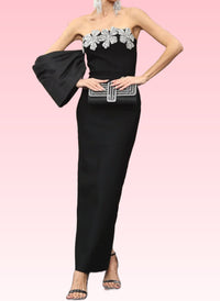 Khalifa Bardot Crystal Flower Maxi Dress In Black