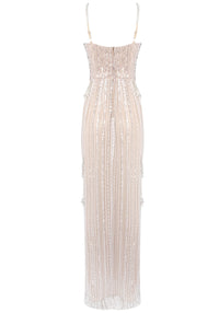 Zyxara Crystal Sequin Bustier Maxi Dress In Nude