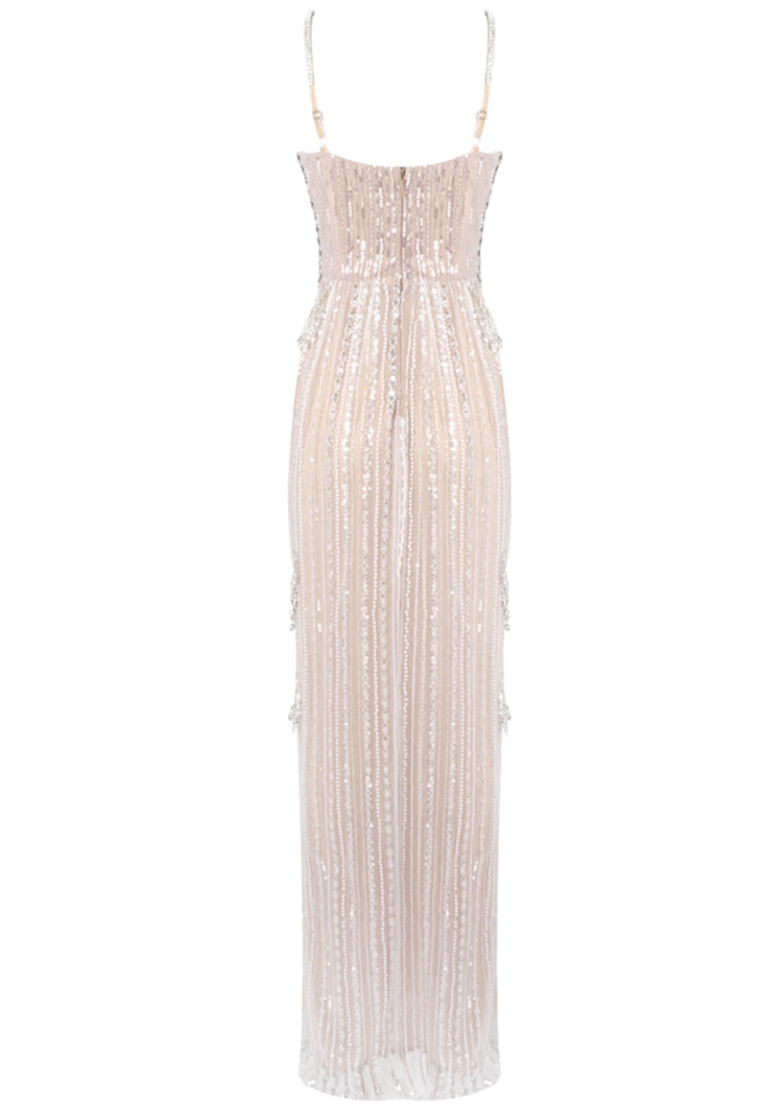 Zyxara Crystal Sequin Bustier Maxi Dress In Nude