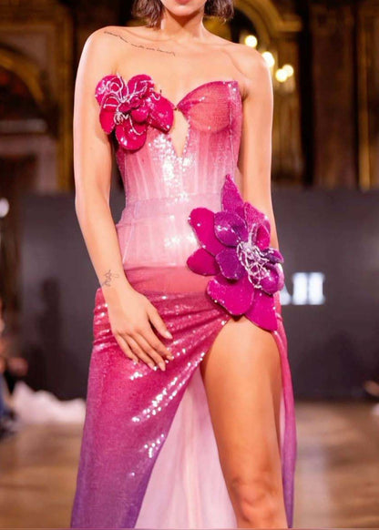 Caelith Strapless Floral Sequin Maxi Dress Hot In Pink