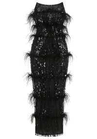 Incandra Strapless Feather Sequin Maxi Dress In Black