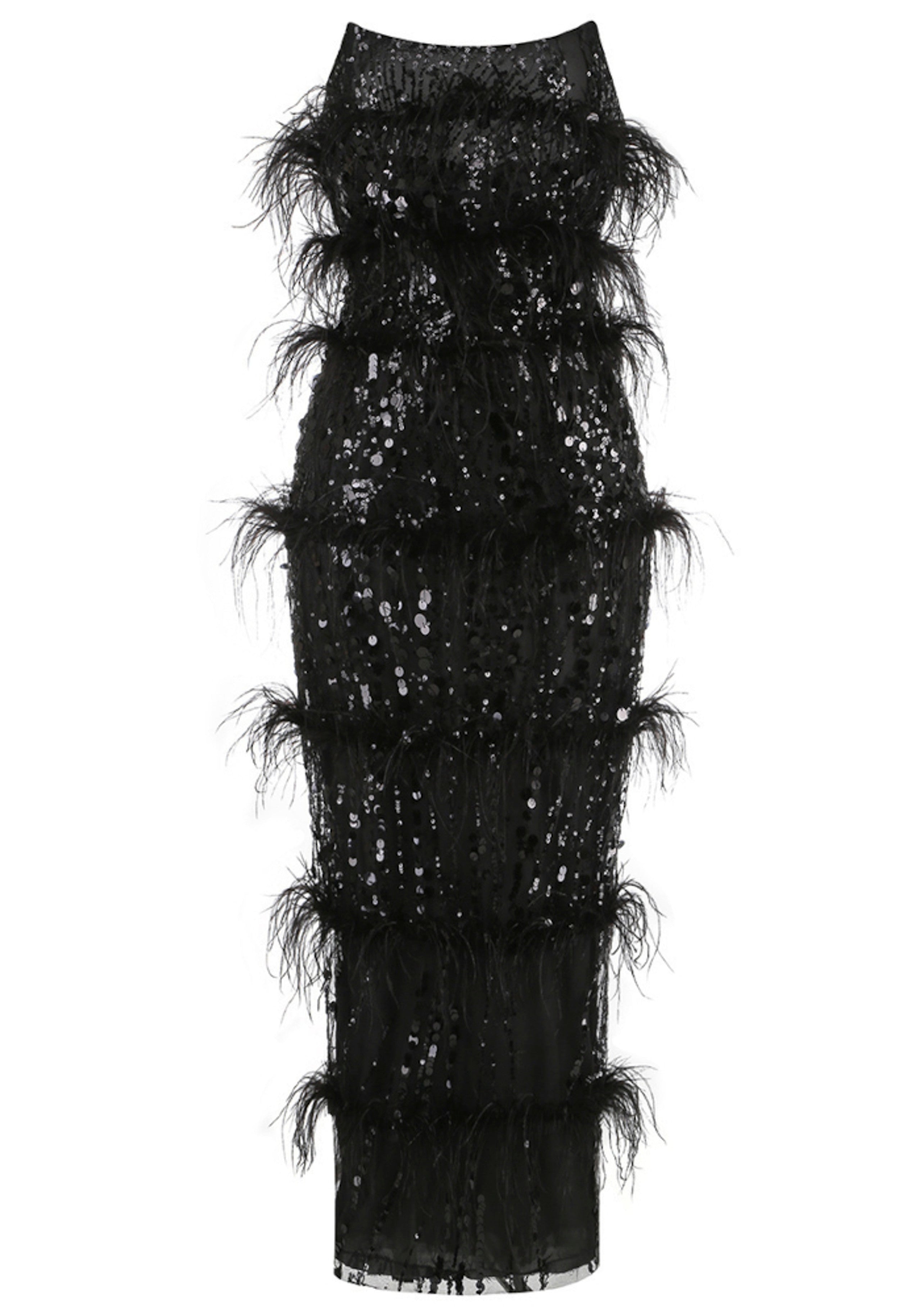 Incandra Strapless Feather Sequin Maxi Dress In Black