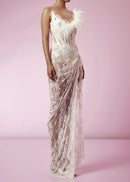 Caysie Strapless Feather Lace Corset Maxi Dress In White