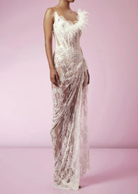 Caysie Strapless Feather Lace Corset Maxi Dress In White