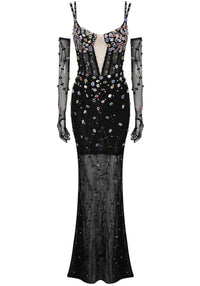 Jyrthos Crystal Sequin Bustier Maxi Dress In Black