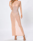 Hilaria Long Sleeve Crystal Mesh Maxi Dress In Nude