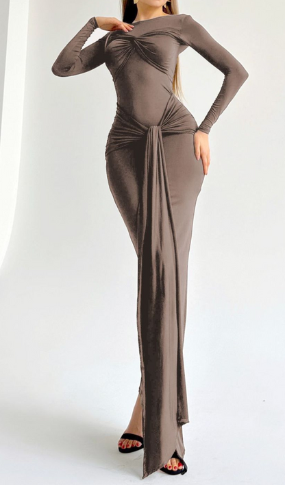 Simran Round Neck Ribbon Knot Maxi Dress In Coffee