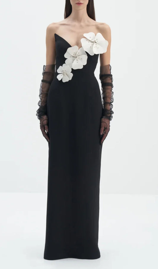 ARLAIS BLACK FLOWER BANDAGE MAXI DRESS-FLOWERING GIRL