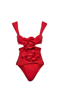 Aizen 3d Flower One Piece Swimsuit And Skirt In Red