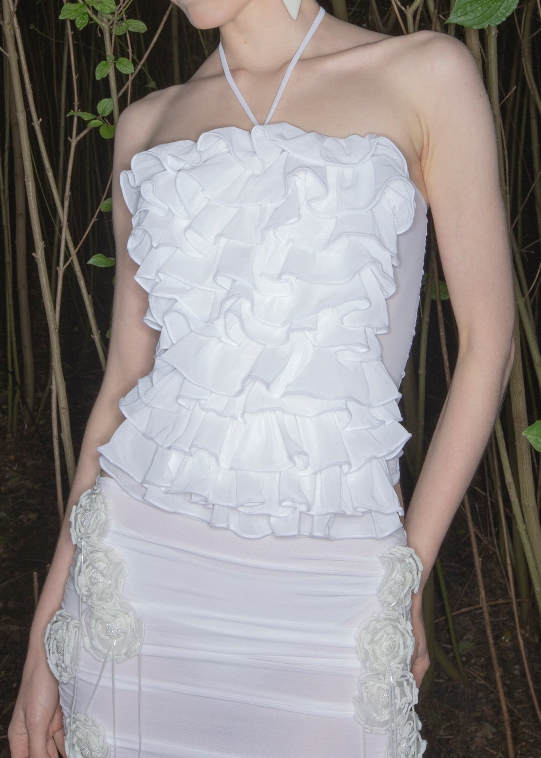 Glein Halter Floral Ruched Two Piece Dress In White