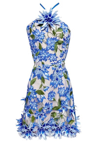 Raziya Halter Floral Embroidered Mini Dress In Blue