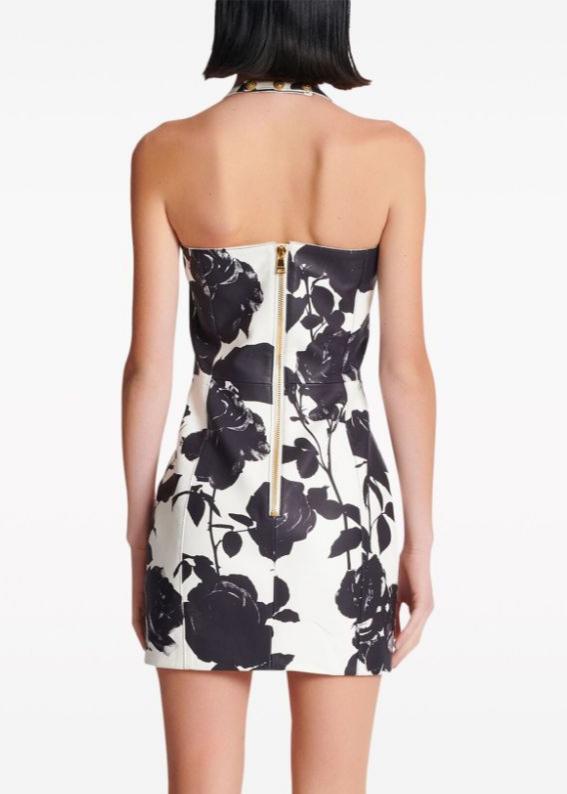 Siesen Two-Tone Floral-Print Leather Mini Dress