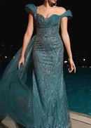 Ahulani Bardot Crystal Bustier Sequin Maxi Dress In Green