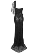 Letisha One Shoulder Crystal Floral Sequin Maxi Dress In Black