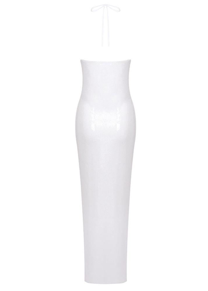 Glitter Rosette Halter Sequined Maxi Dress In White