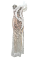 Faroald One Shoulder Crystal Bustier Sequin Maxi Dress In White Nude