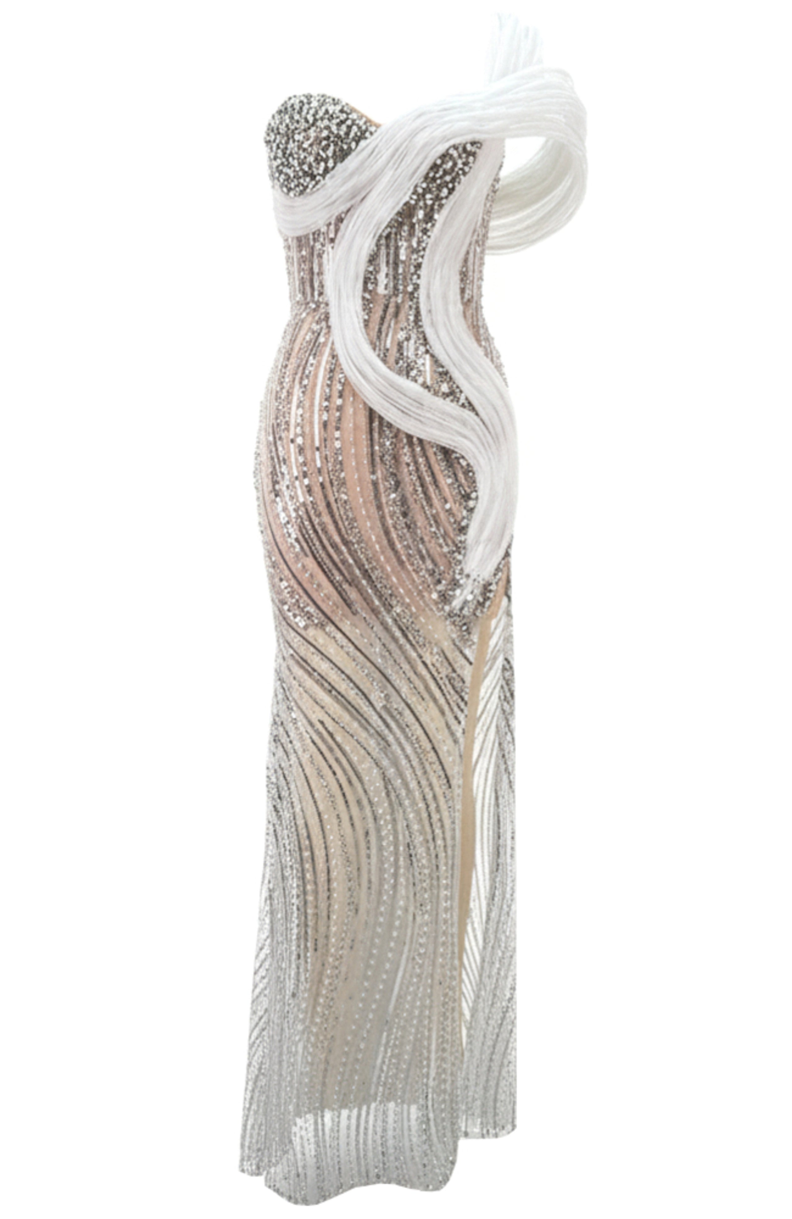 Faroald One Shoulder Crystal Bustier Sequin Maxi Dress In White Nude