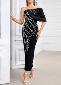 Hyrion Bardot Crystal Pearl Maxi Dress In Black
