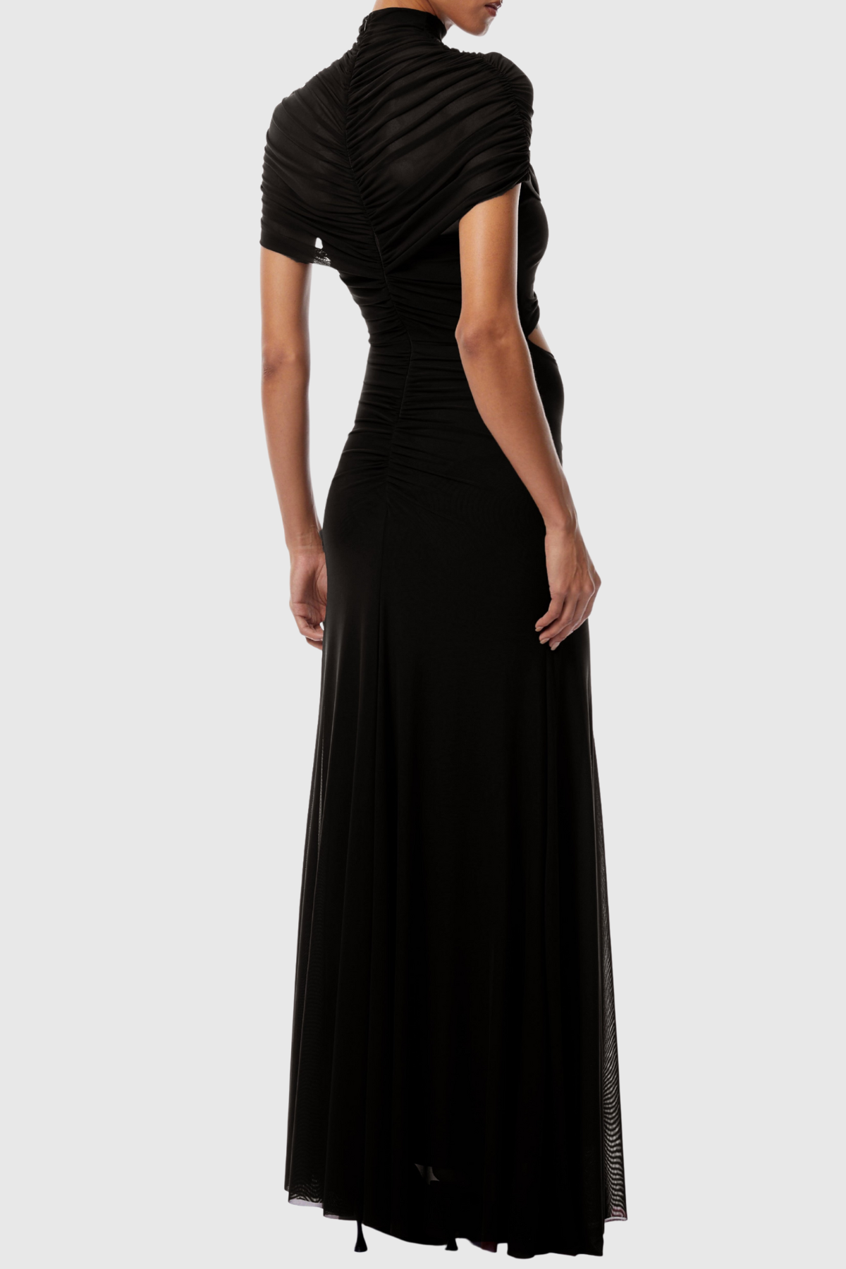 Farrux Draped Mesh A Line Maxi Dress In Brown