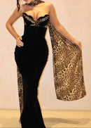 Jyressa Strapless Animal Print Bustier Maxi Velvet Dress In Black