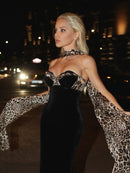 Jyressa Strapless Animal Print Bustier Maxi Velvet Dress In Black