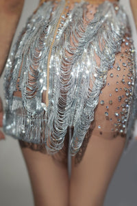 Fumidor One Shoulder Crystal Chain Fringe Mini Dress