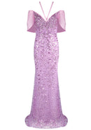 Jasani Halter Bardot Crystal Sequin Maxi Dress In Pink